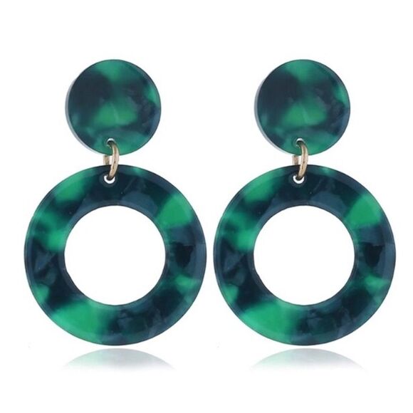 Green Marble Design Acrylic Circle Drop Earrings NWT - Picture 1 of 7